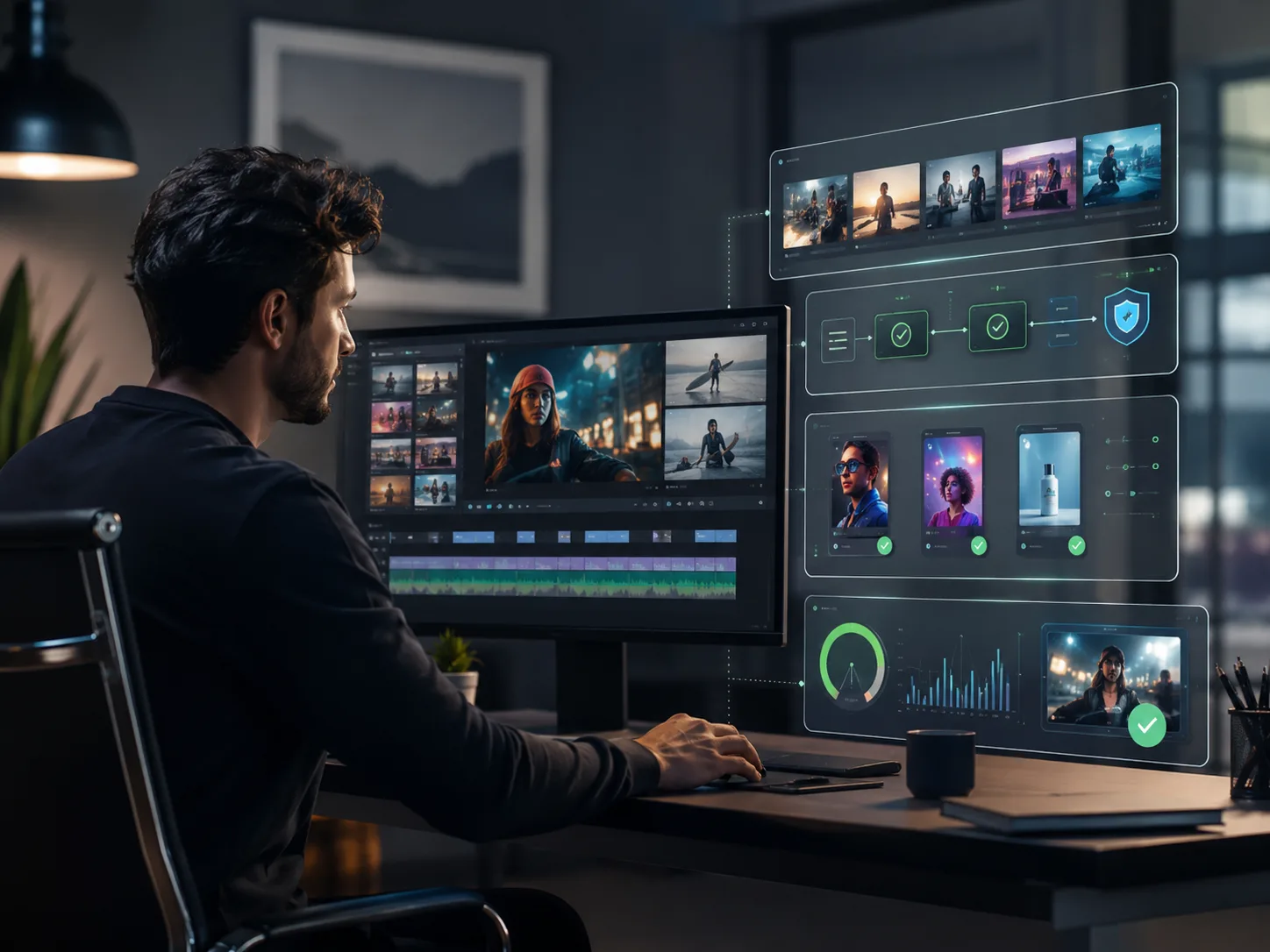Creative professional editing AI-generated video content with floating workflow panels showing content variations, approval checkpoints, brand-safety controls, and performance measurement.