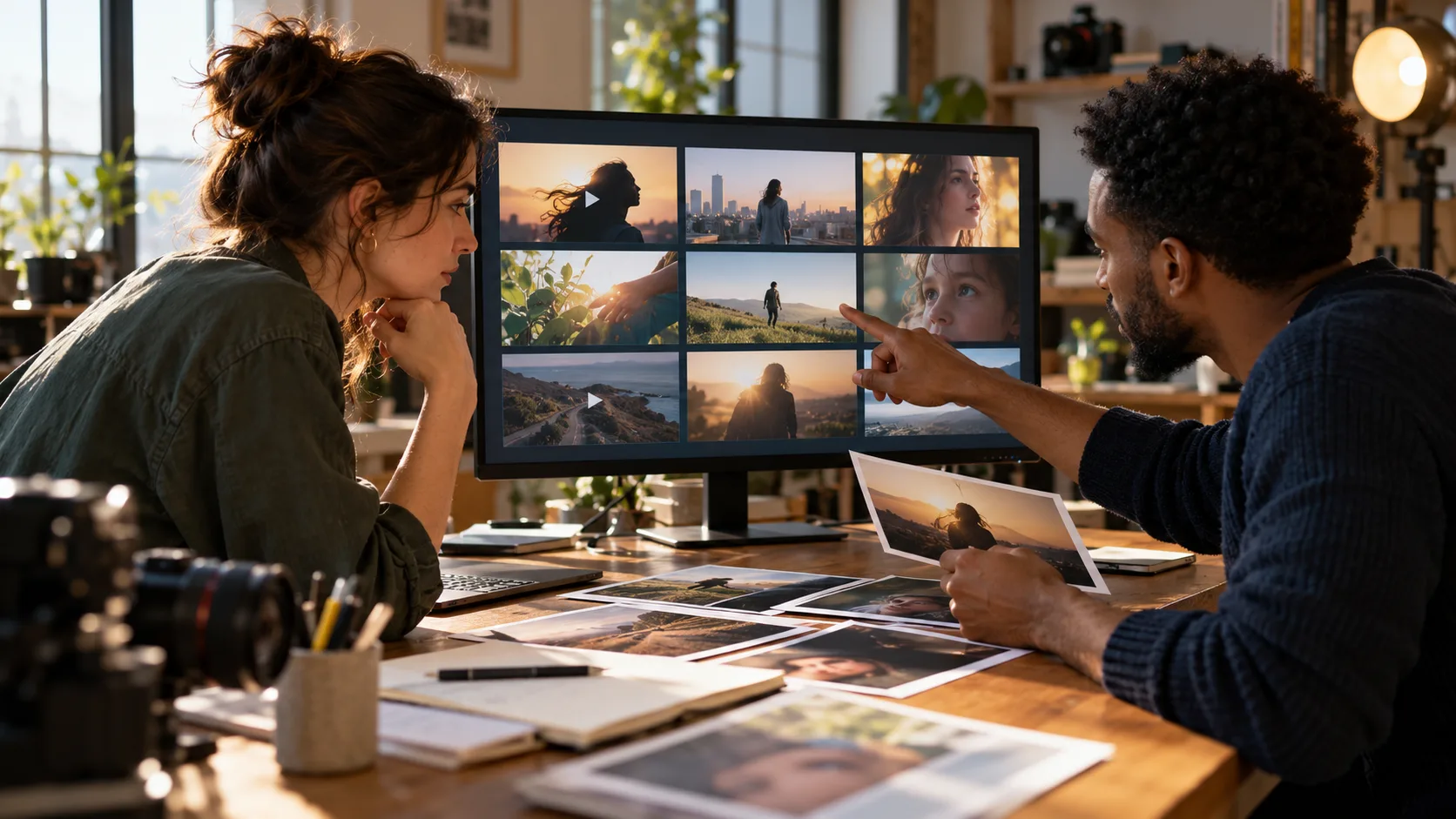 Two creative team members review campaign test variants on a monitor, with photo proofs spread across a desk.